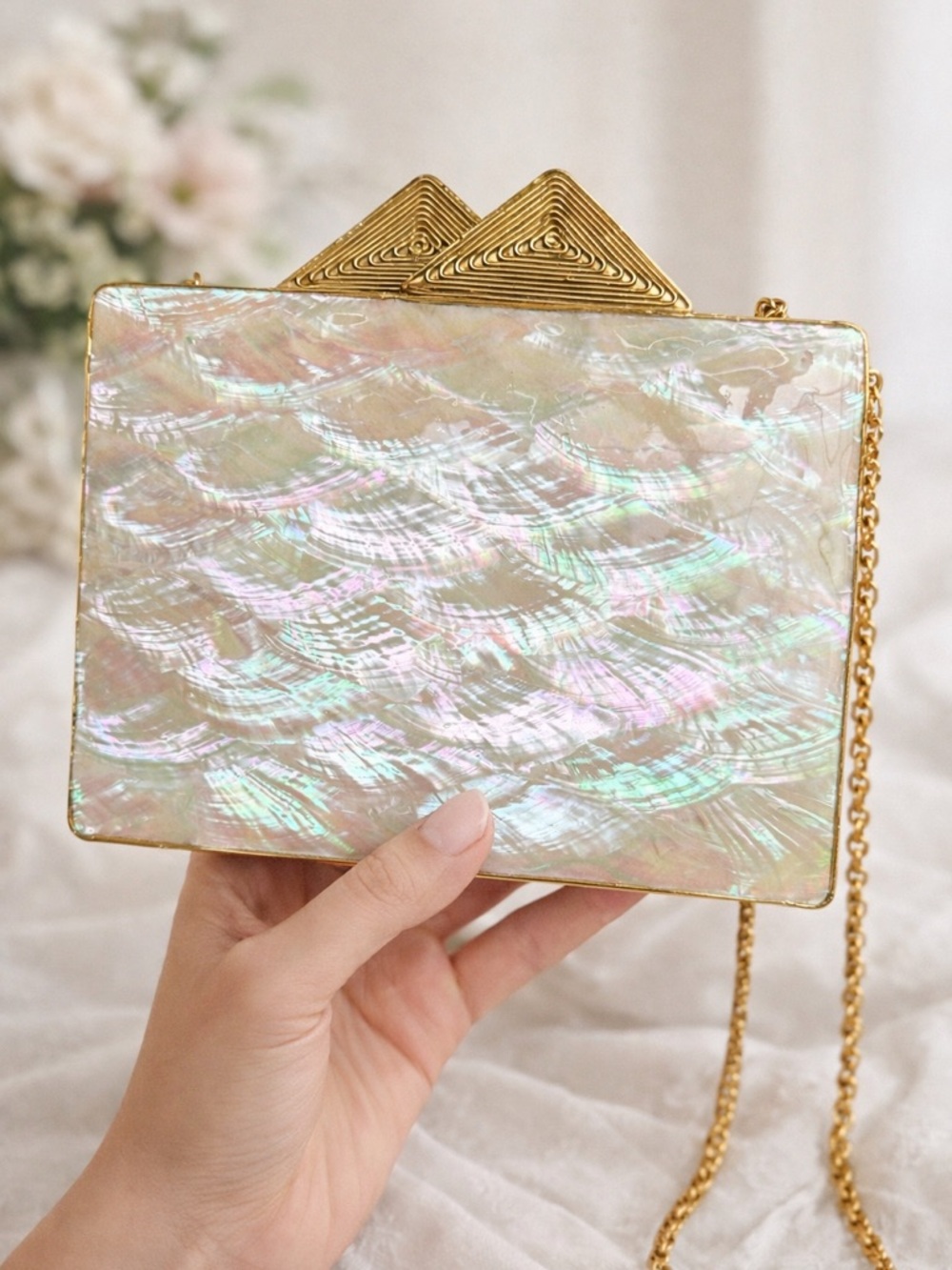 Iridescent Shell Effect Box Clutch with Gold Chain